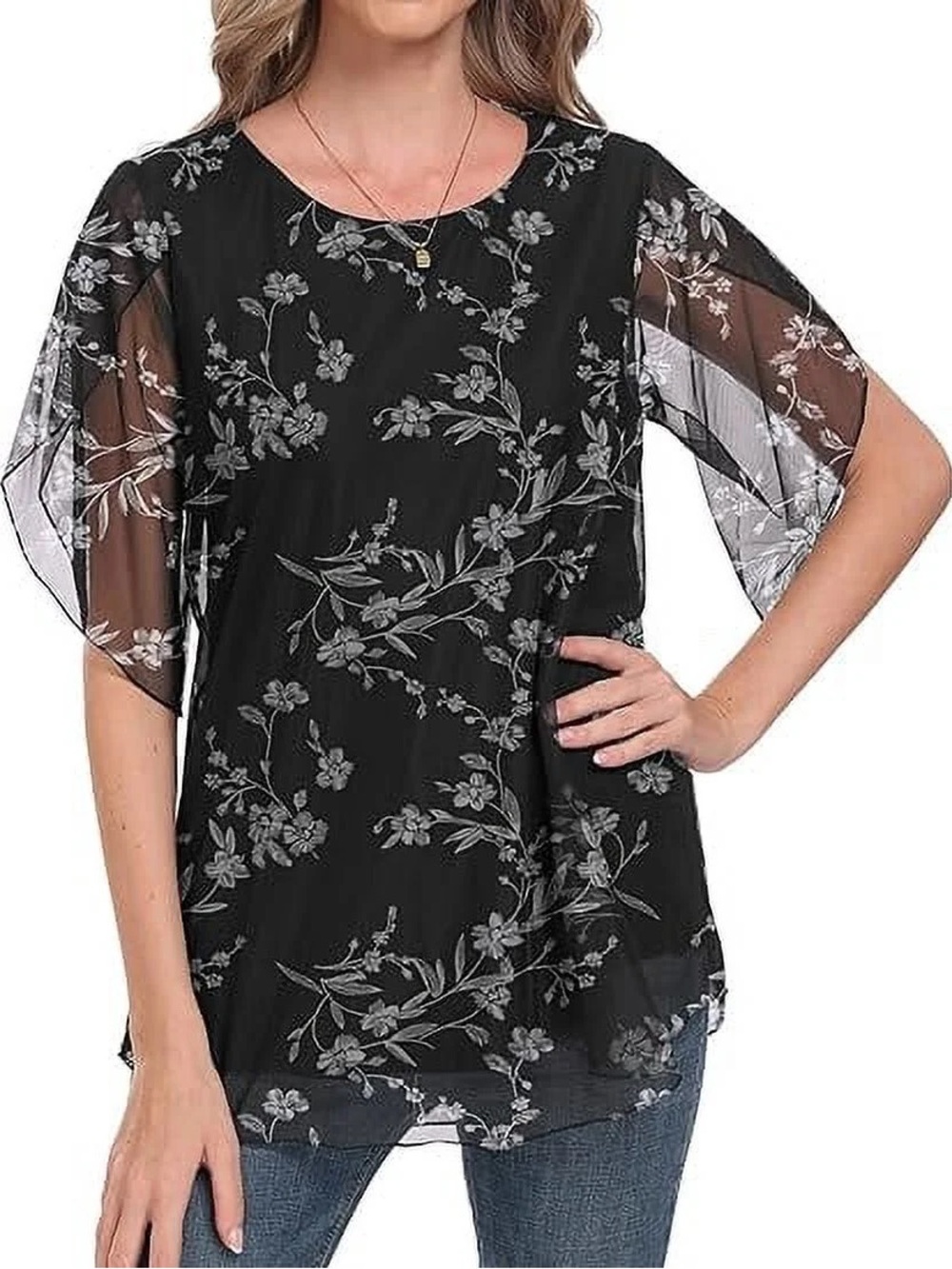 Sese Code Floral Sheer Flutter Sleeve Top